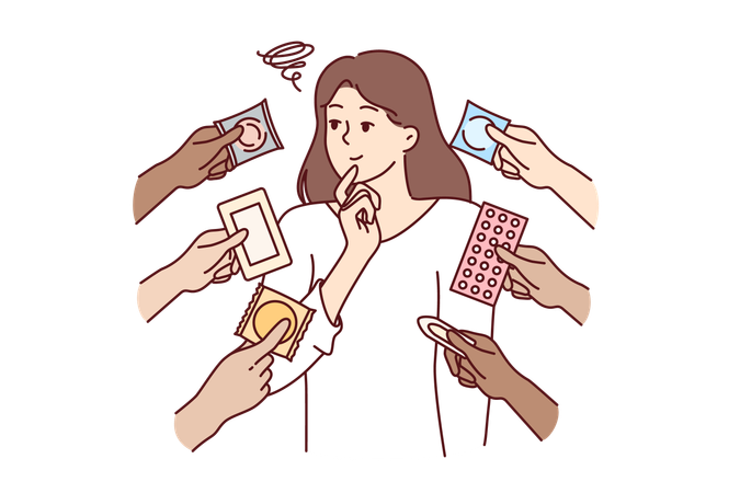 Mulher escolhe método contraceptivo de pílulas anticoncepcionais e preservativos para sexo seguro  Ilustração