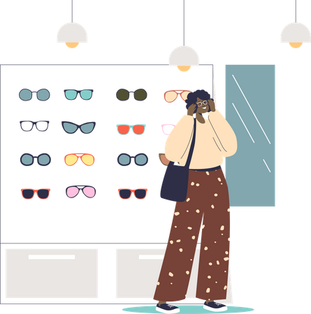 Mulher escolhendo óculos de sol na loja de óptica  Ilustração
