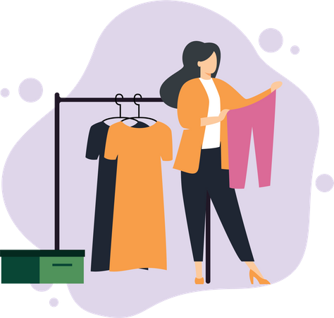 Mulher escolhendo roupas na loja  Ilustração