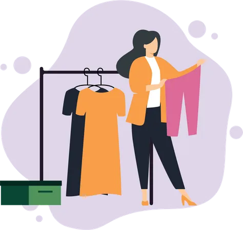 Mulher escolhendo roupas na loja  Ilustração