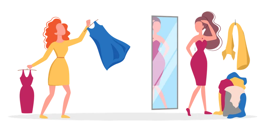 Mulher escolhendo roupas na loja de roupas  Ilustração