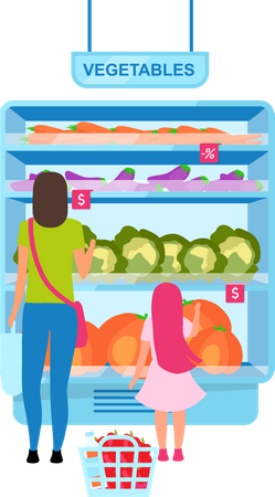 Mulher escolhendo legumes na mercearia  Ilustração