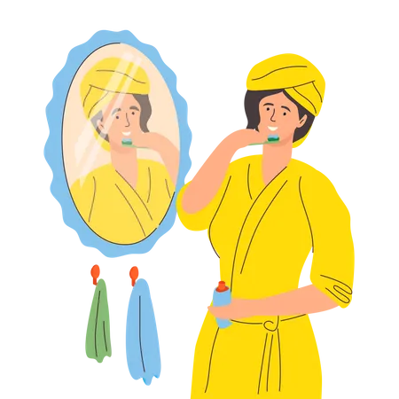 Uma Mulher Escovando Os Dentes Ilustracao Colorida De Estilo De Design Plano Em Fundo Branco Uma Composicao Com Uma Garota De Roupao E Escova De Dente Olhando No Espelho Higiene Vida Cotidiana Ilustração
