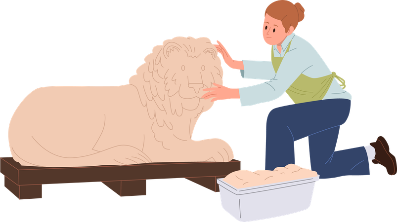 A mulher está esculpindo a estátua do leão  Ilustração