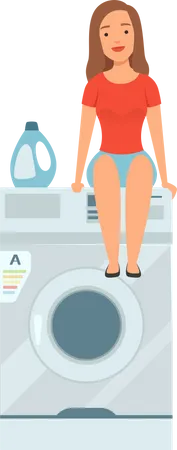 Mulher esperando roupas na lavanderia  Ilustração