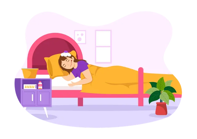 Mulher espirrando e deitada na cama em casa  Ilustração