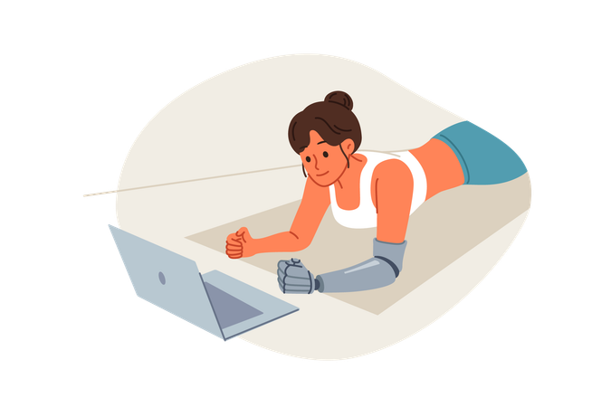 Mulher esportista com braço protético treina em casa e assiste videoaula deitada no chão em prancha  Ilustração
