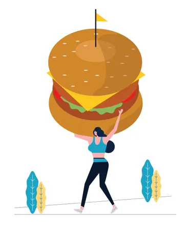 Mulher esportiva segurando um hambúrguer grande e fazendo exercícios  Ilustração