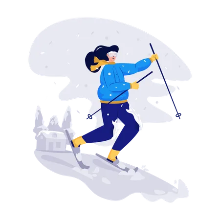 Mulher esquiando na neve  Ilustração