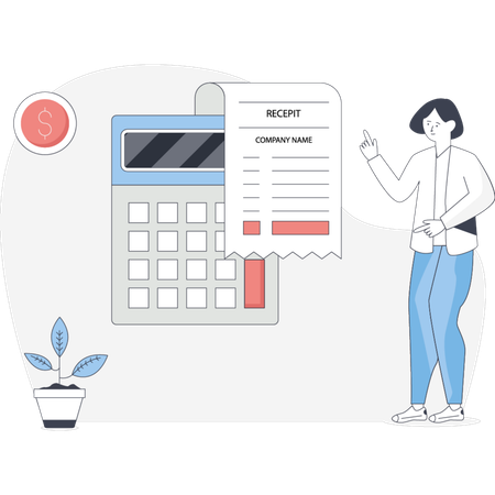 Mulher está ao lado de uma calculadora e um recibo no papel, parecendo focada em seus cálculos financeiros  Ilustração
