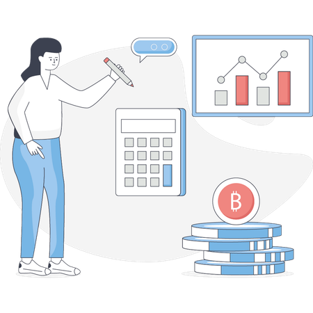 Mulher está calculando lucro com bitcoin  Ilustração