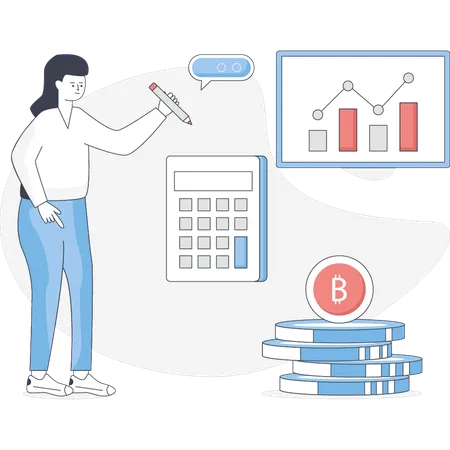 Mulher está calculando lucro com bitcoin  Ilustração