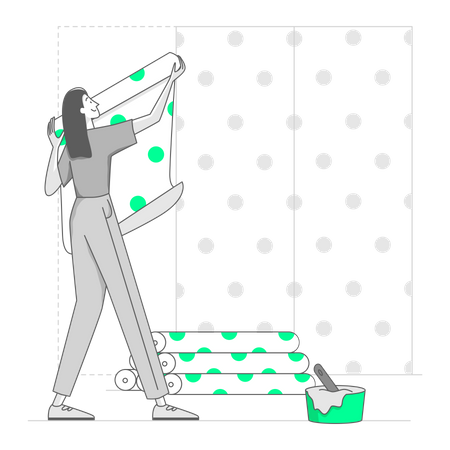 Mulher está colocando novo papel de parede em uma sala  Ilustração