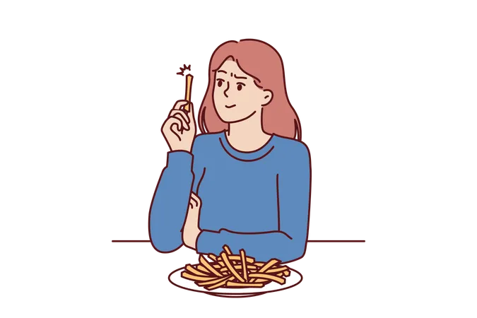 A mulher está comendo batatas fritas  Ilustração