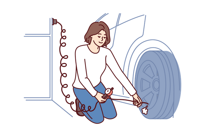 A mulher está reparando a roda do carro  Ilustração