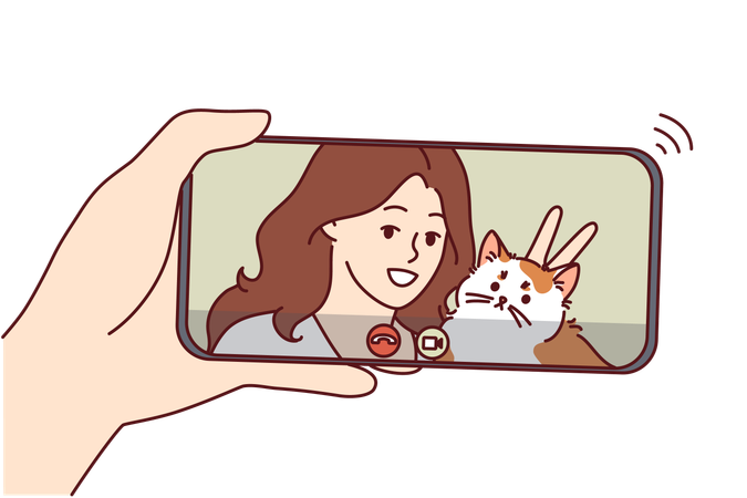 Mulher está conversando ao telefone com seu gato de estimação na mão  Ilustração