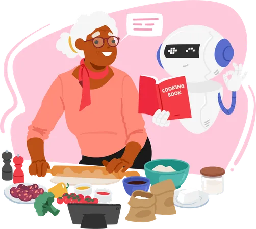 Mulher está cozinhando enquanto busca ajuda do chatbot  Ilustração