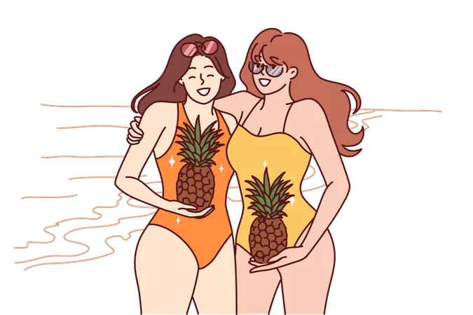 Mulher está curtindo na praia  Ilustração