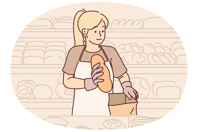 Mulher está em uma padaria colocando pão em um saco de papel e trabalhando como assistente de vendas  Ilustração