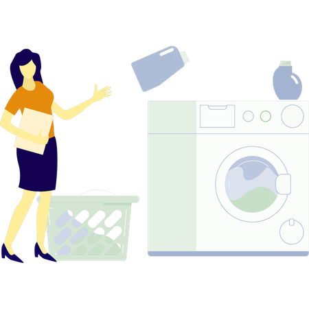 Mulher lavando roupa em máquina inteligente  Ilustração