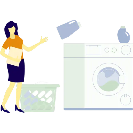 Mulher lavando roupa em máquina inteligente  Ilustração