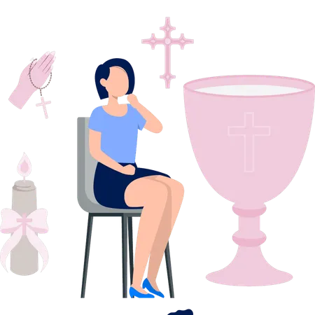 Mulher está pensando sobre celebração na igreja  Ilustração