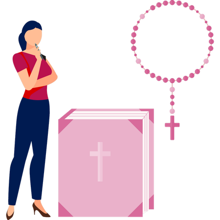 Mulher está pensando sobre livro da bíblia  Ilustração