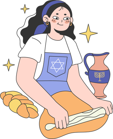 Mulher está preparando pão de farinha para celebração de Hanukkah  Ilustração