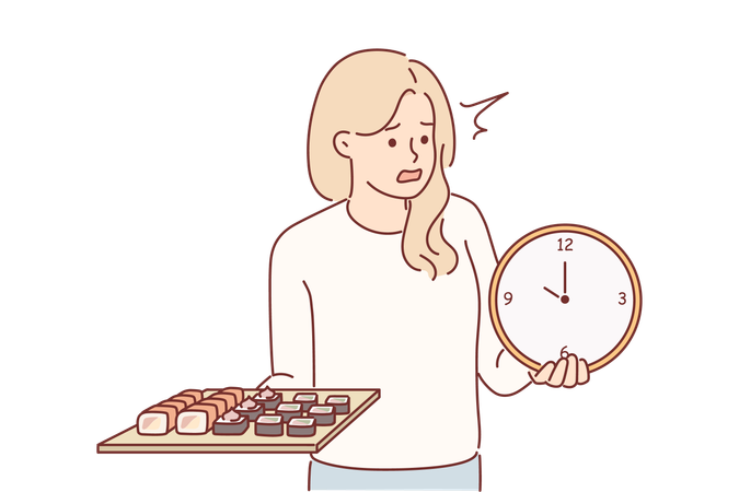 Mulher está servindo rolos de sushi na hora certa  Ilustração