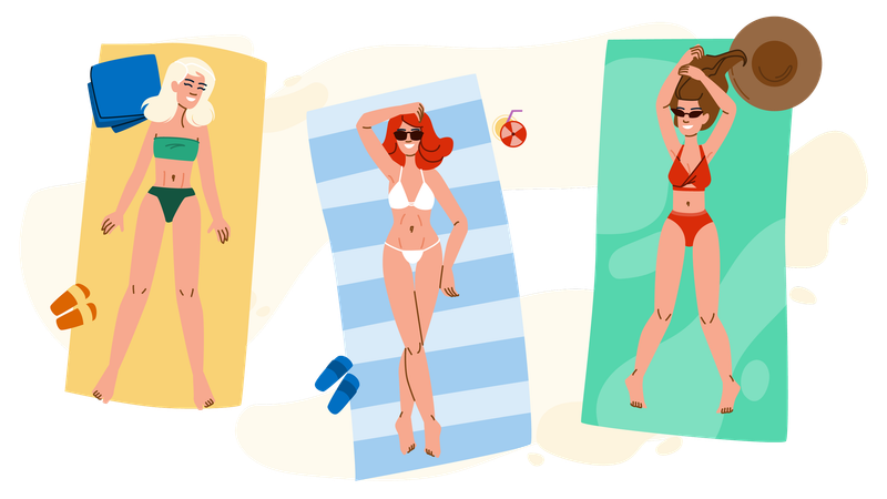 A mulher está tomando banho de sol na praia  Ilustração