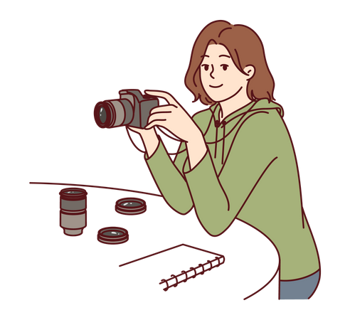 Mulher está vendo suas fotos na câmera  Ilustração