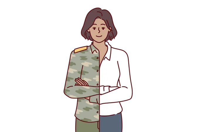 Mulher está vestida com uniforme militar e traje de negócios ao mesmo tempo  Ilustração
