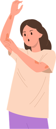 Mulher estressada que sofre de coçar a pele vermelha e irritada  Ilustração