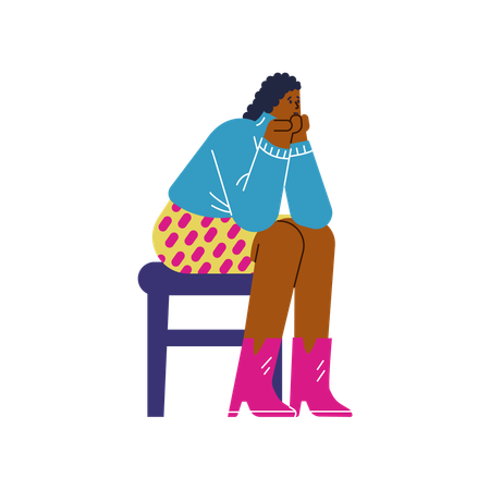 Mulher estressada sentada na cadeira com as mãos no queixo  Ilustração
