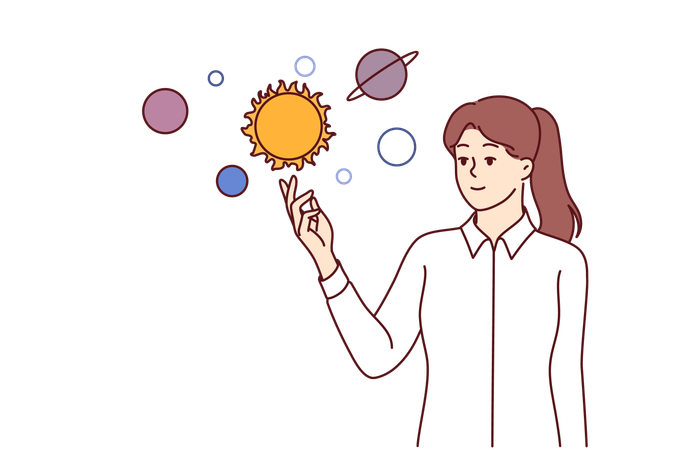 Mulher estuda o espaço sideral e o sistema solar para fazer previsões astrológicas para o futuro  Ilustração