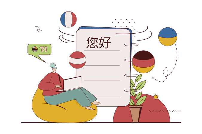Mulher estudando diferentes línguas estrangeiras e aprendendo on-line em plataforma educacional  Ilustração