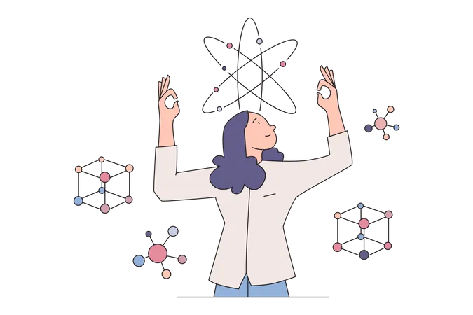 Mulher estudando a estrutura científica da molécula  Ilustração