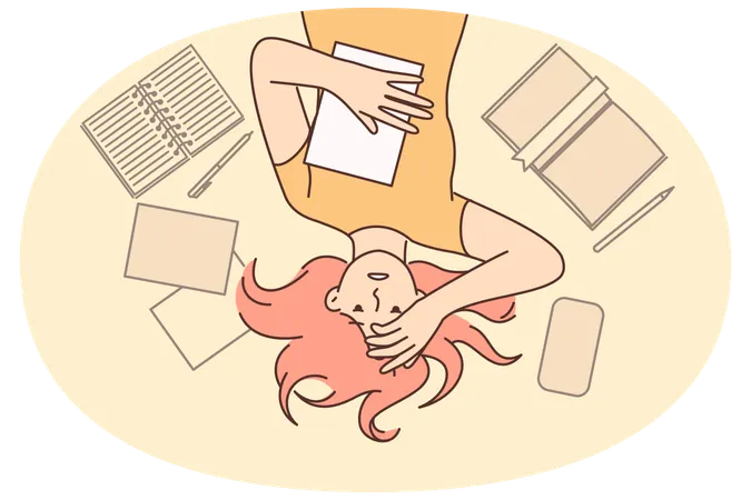 Estudante preocupada com os próximos exames na universidade ou faculdade deitada no chão entre livros didáticos  Ilustração
