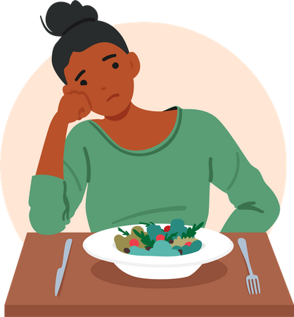 Mulher experimentando perda de apetite devido à gastrite. Ilustra??o vetorial de pessoas dos desenhos animados  Ilustração