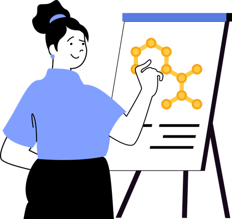 Mulher explicando estrutura química  Ilustração