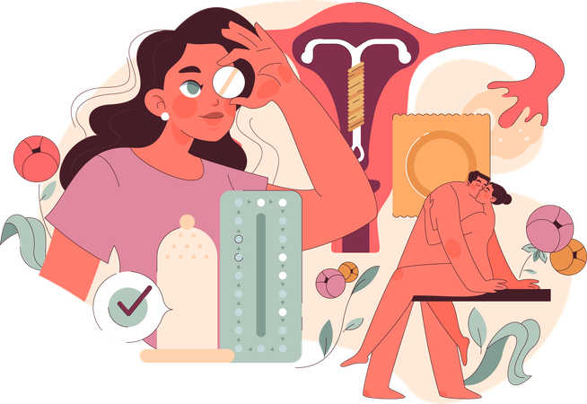 Mulher explora diversos métodos anticoncepcionais apresentando pílulas  Ilustração