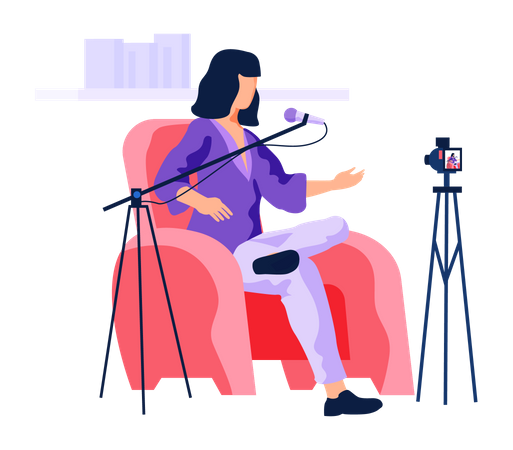 Mulher falando no microfone enquanto grava vídeo  Ilustração