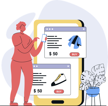 Mulher faz compras em loja digital  Ilustração