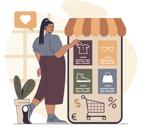 Mulher faz compras em loja digital  Ilustração