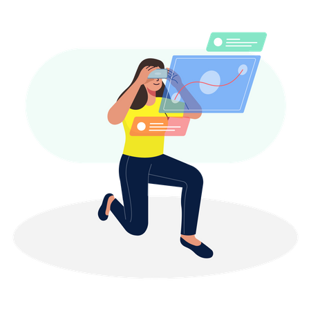 Mulher fazendo análise de negócios usando VR  Ilustração