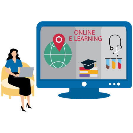 Mulher usando tecnologia de aprendizagem online  Ilustração