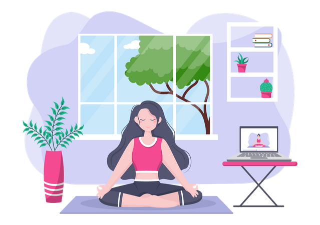 Mulher recebendo aulas on-line de ioga e meditação  Ilustração