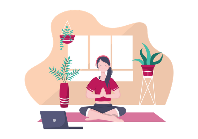 Mulher fazendo aulas on-line de ioga e meditação  Ilustração