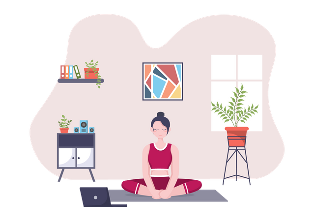 Mulher fazendo aulas on-line de ioga e meditação  Ilustração