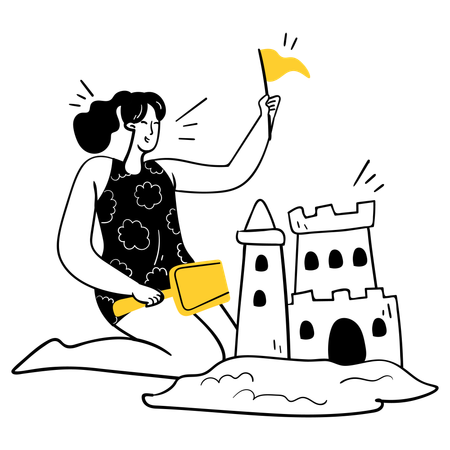 Mulher fazendo castelo de areia na praia  Ilustração